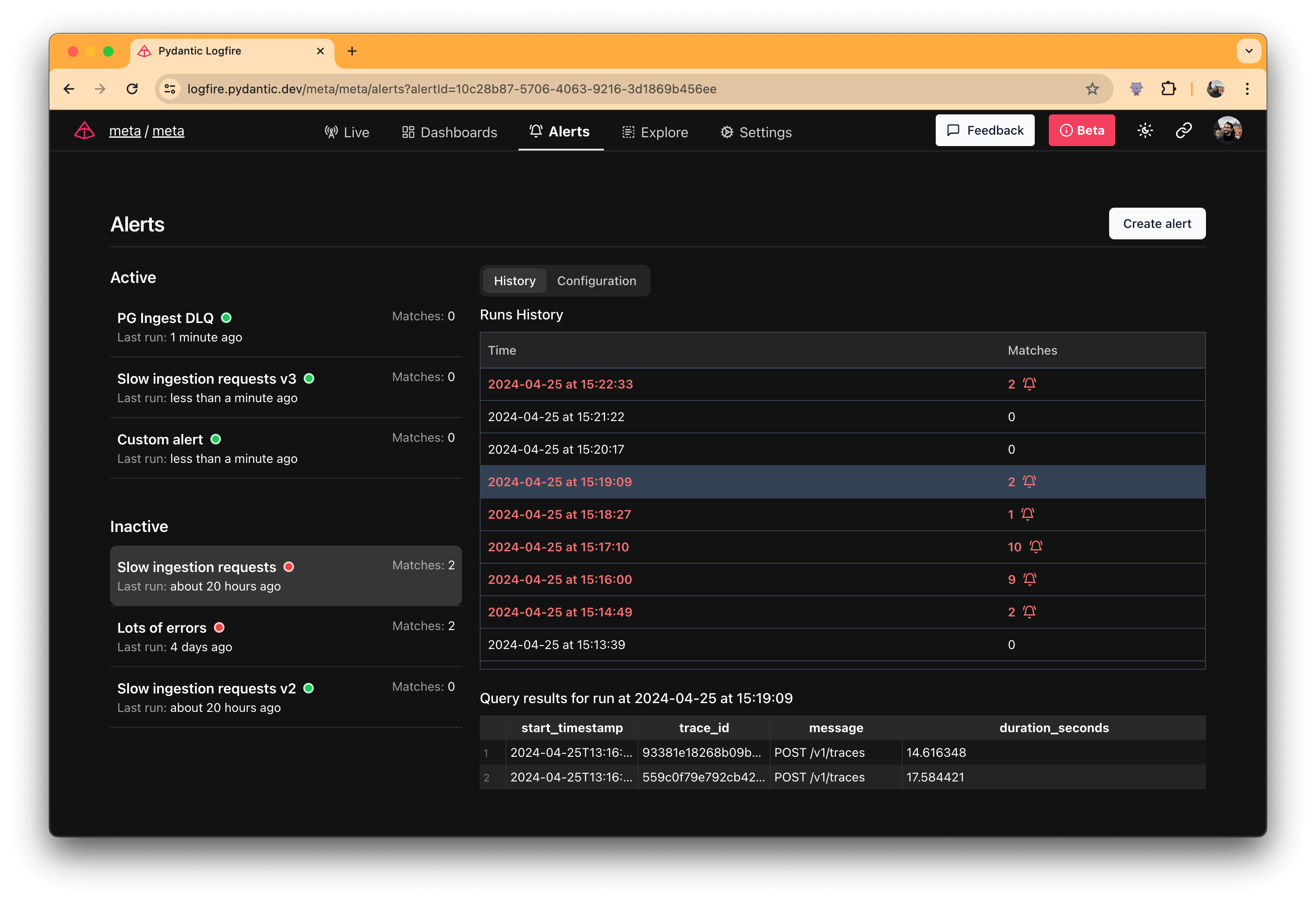Alerts list with error