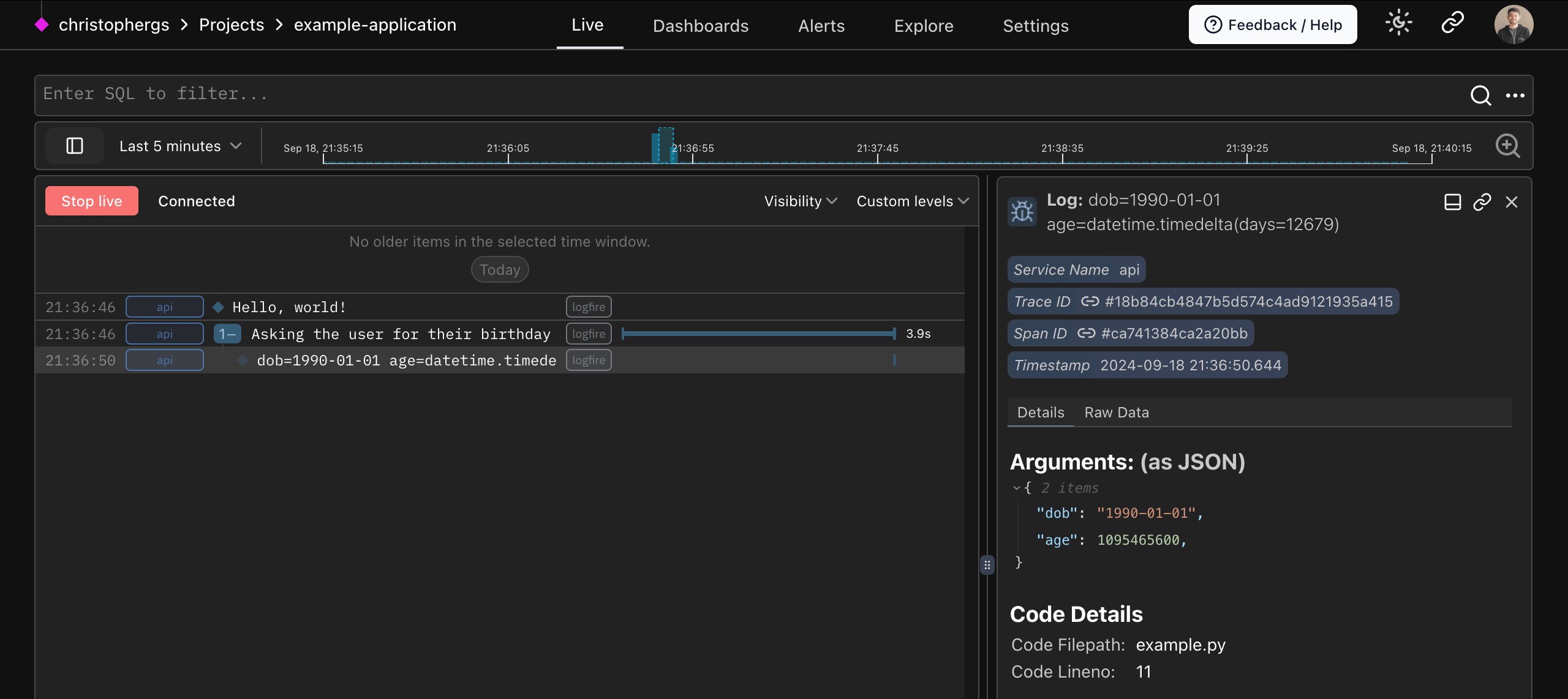 Logfire hello world screenshot